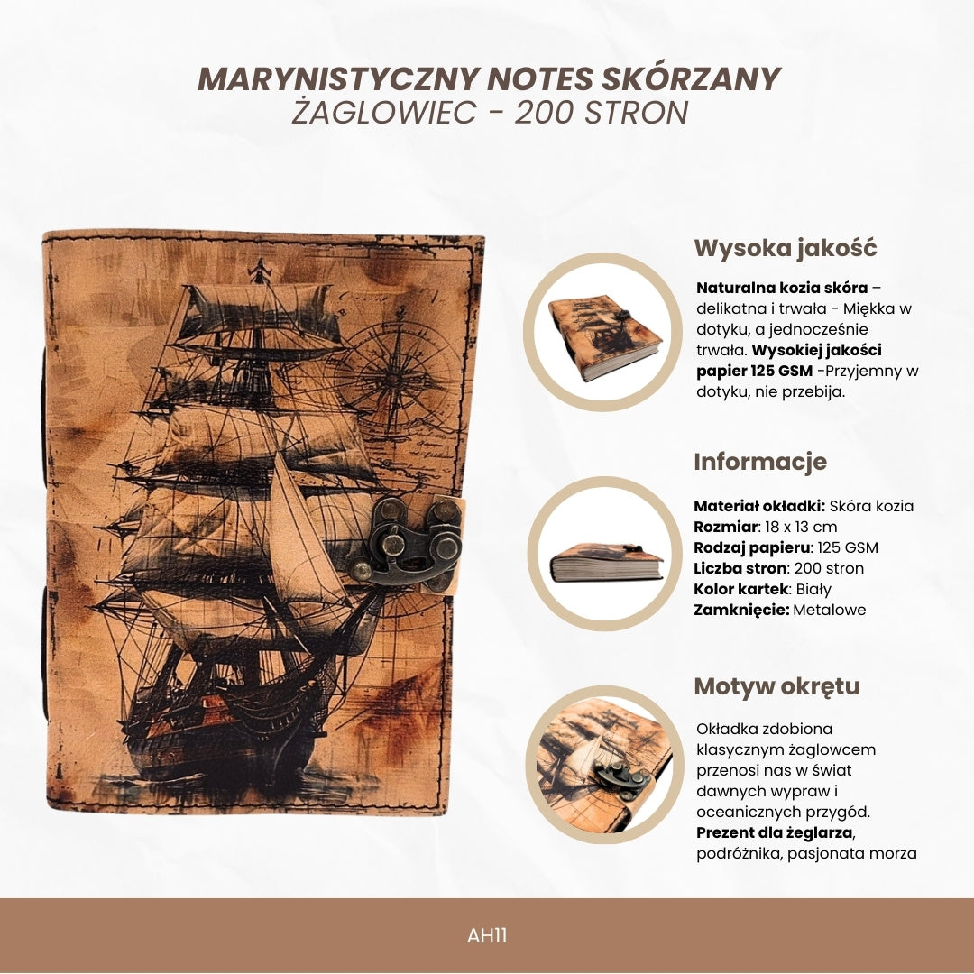 Maritim läderanteckningsbok segelfartyg retro - Present till en seglare – AH11