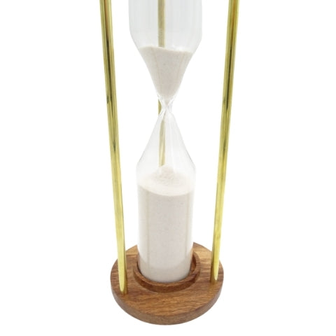 Timglas i mässing och trä, 30 min, med möjlighet till personlig gravyr – elegant present för alla tillfällen, höjd 30,5 cm, vit sand, klassiska material
