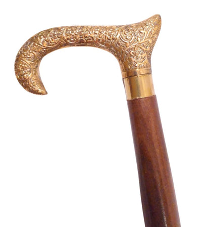 Träpromenadkäpp med guldfärgat handtag - hopfällbar - elegant present med möjlighet till personlig gravyr - 91,5 cm, brun med mässingshandtag