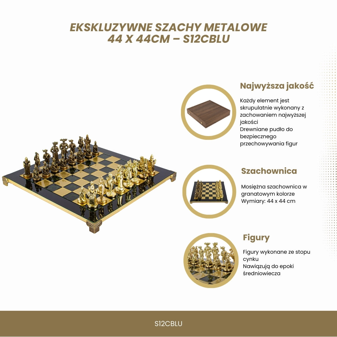 Exklusivt metallschack – Schackbräde i mässing 44 x 44cm – Medeltiden – S12CBLU