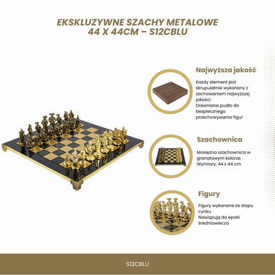 Exklusivt metallschack – Schackbräde i mässing 44 x 44cm – Medeltiden – S12CBLU