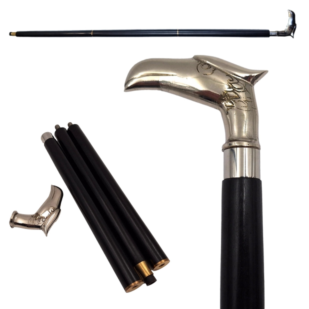 Hopfällbar träkäpp med örnhuvud - elegant present med möjlighet till personlig gravyr, längd 91,5 cm, svart med silverfärgat mässingshandtag
