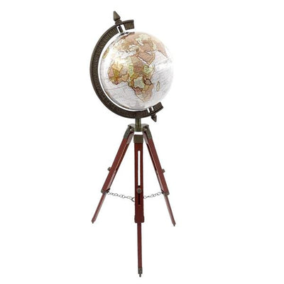 Elegant kolonialglob på trästativ NC2140 med justerbar höjd upp till 78 cm, laminerad karta i vita och bruna nyanser, perfekt som present med möjlighet till personlig gravyr