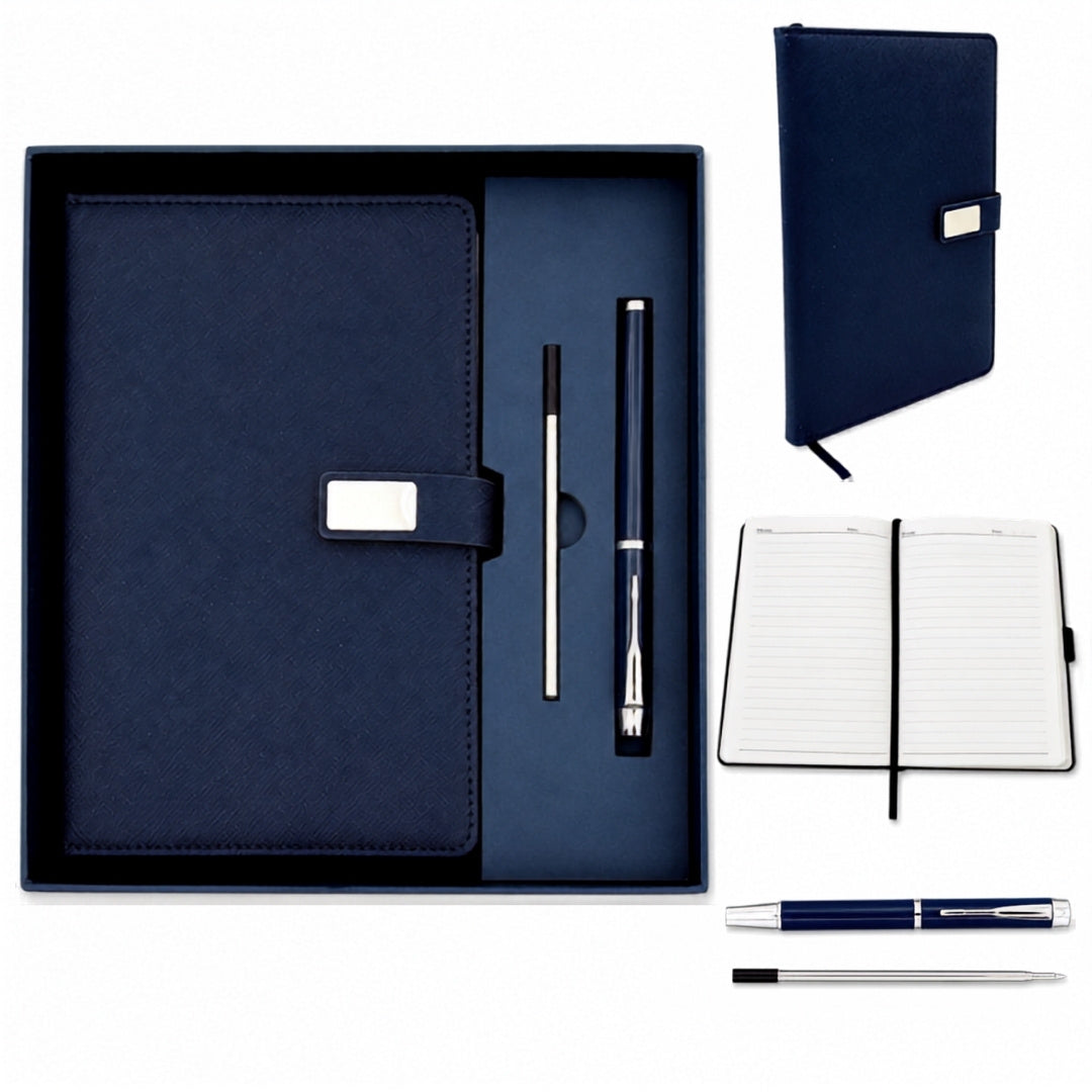 Elegant presentset, marinblå anteckningsbok i läder A5 med penna i presentask - EE13