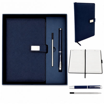 Elegant presentset, marinblå anteckningsbok i läder A5 med penna i presentask - EE13