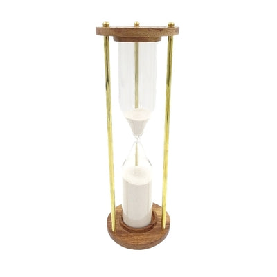Timglas i mässing och trä, 30 min, med möjlighet till personlig gravyr – elegant present för alla tillfällen, höjd 30,5 cm, vit sand, klassiska material