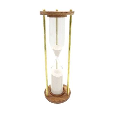 Timglas i mässing och trä, 30 min, med möjlighet till personlig gravyr – elegant present för alla tillfällen, höjd 30,5 cm, vit sand, klassiska material