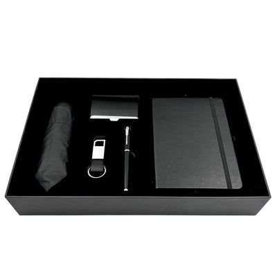 Elegant affärspresentset Premium - anteckningsbok i läder, paraply, visitkortshållare, penna, nyckelring - EE15
