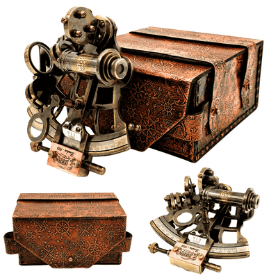 Mässingssekstant i retrostil i läderfodral - elegant navigationsinstrument med gravyrmöjlighet - perfekt present för seglings- och historieälskare - mått 13x12x7 cm