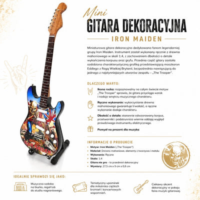 Miniatyrdekorgitarr Iron Maiden ”The Trooper” i mahogny – handgjord prydnad för musikfans