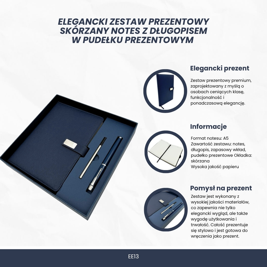 Elegant presentset, marinblå anteckningsbok i läder A5 med penna i presentask - EE13