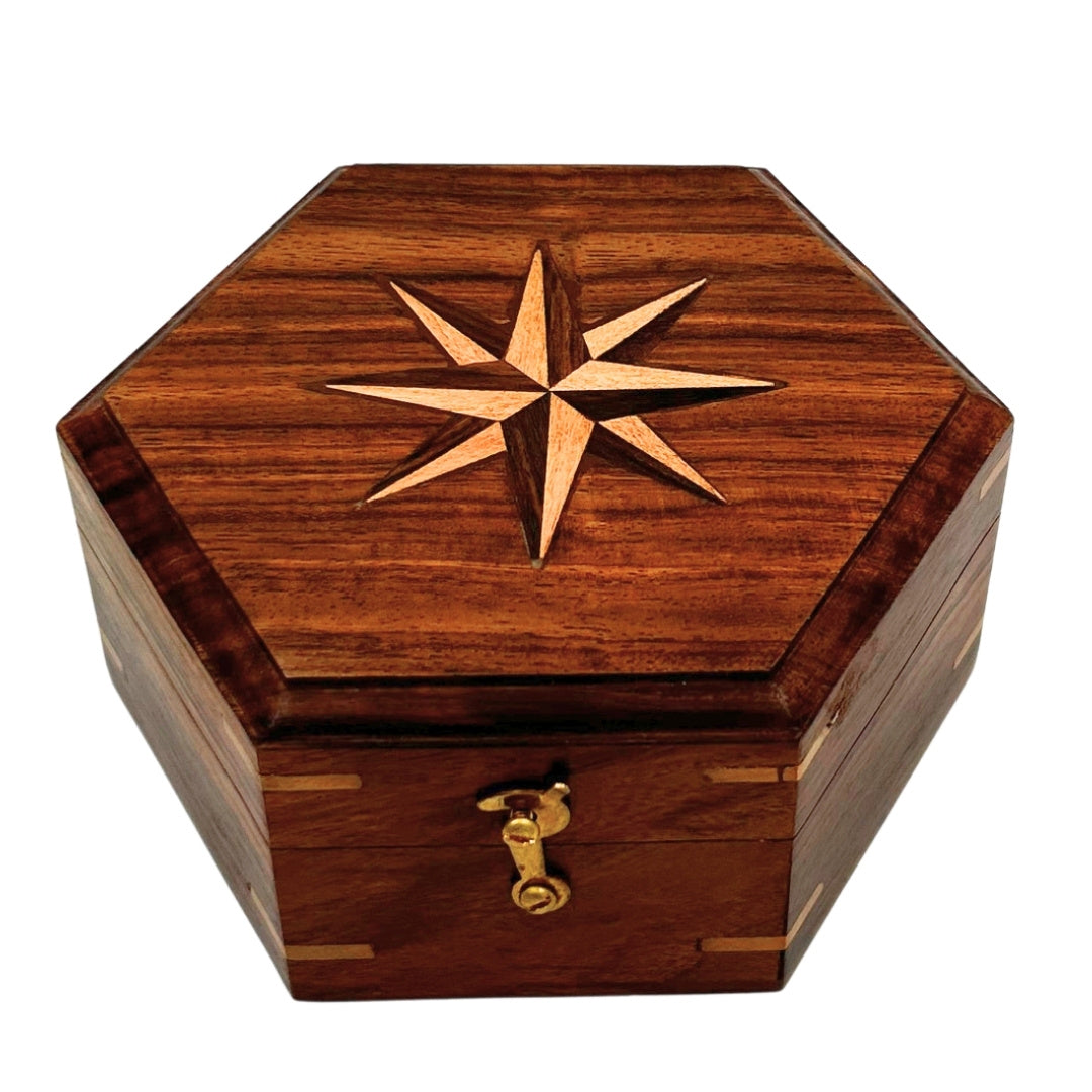 Mässingskompass med solur i elegant träask - perfekt present med möjlighet till personlig gravyr - retrostil, klassiskt utförande, hög kvalitet