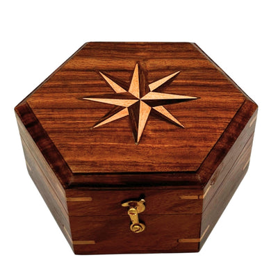 Mässingskompass med solur i elegant träask - perfekt present med möjlighet till personlig gravyr - retrostil, klassiskt utförande, hög kvalitet
