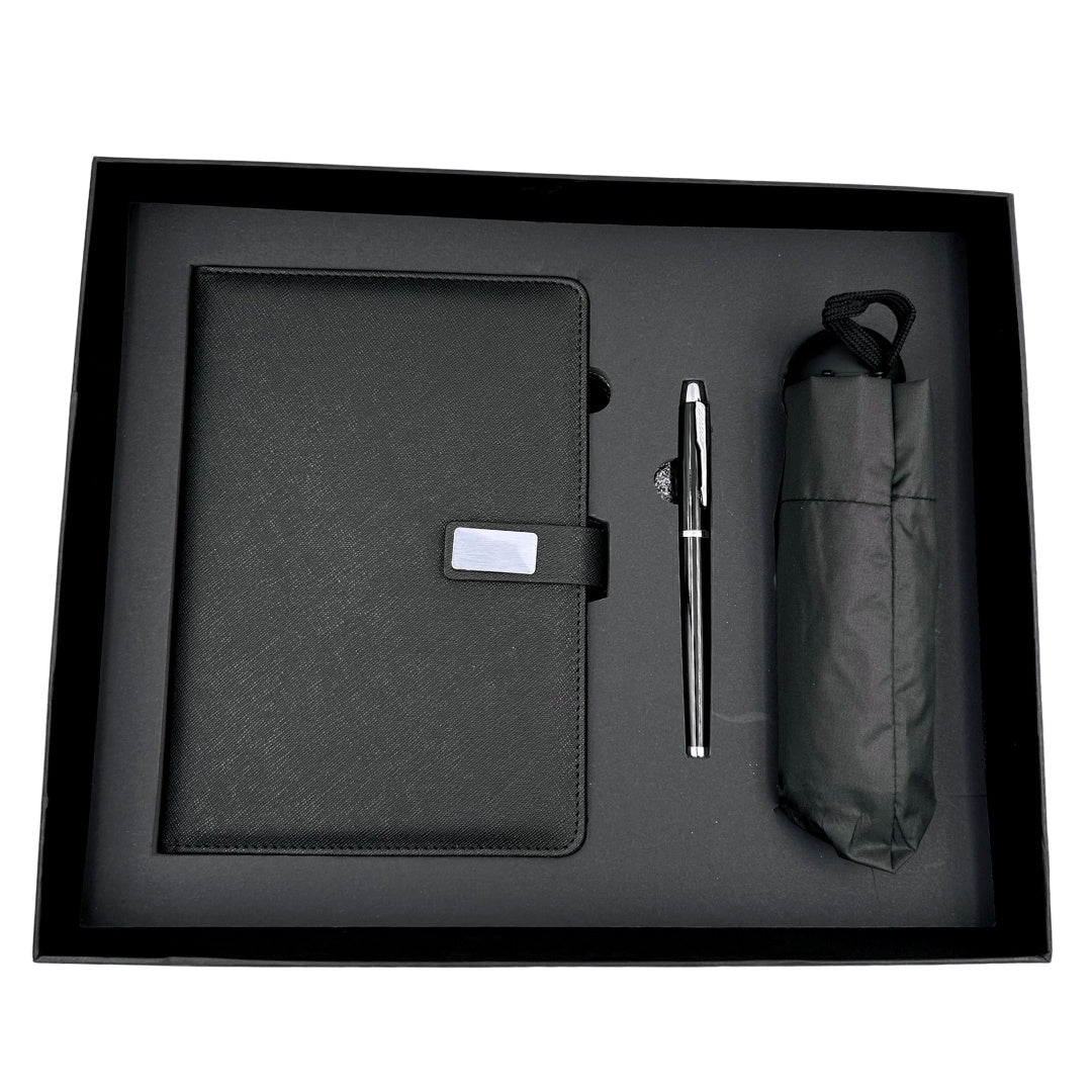 Elegant presentset - anteckningsbok i läder med paraply och penna i presentask - EE12