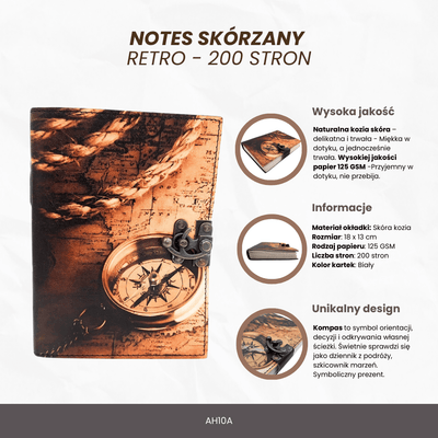 Läderanteckningsbok med retro/vintage-kompass, 200 sidor – present till resenär - AH10A