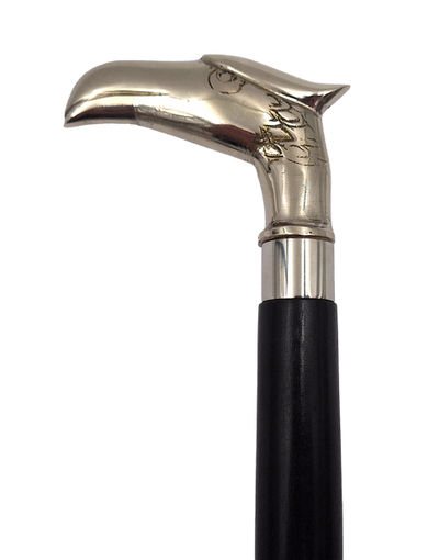 Hopfällbar träkäpp med örnhuvud - elegant present med möjlighet till personlig gravyr, längd 91,5 cm, svart med silverfärgat mässingshandtag