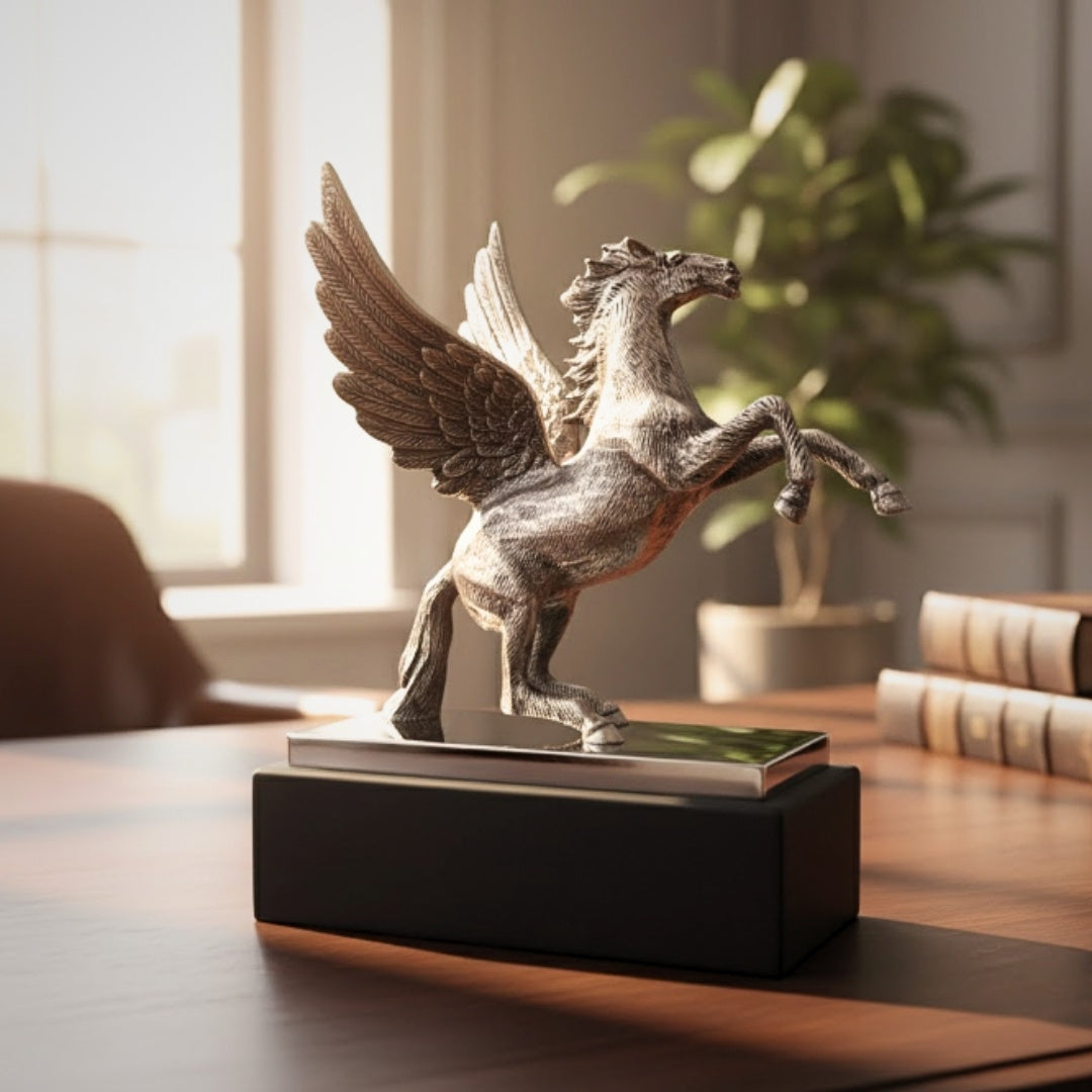 Pegasus - dekorativ aluminiumfigur på stål- och träsockel - NI9935
