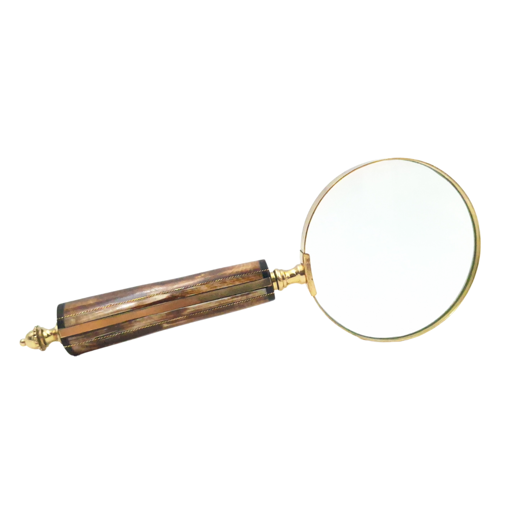 MFM-förstoringsglas med mässingsfattning och handtag i ben, 3.5x förstoring, personlig gravyr, perfekt som present till en samlare, guldfärgad och vit/krämfärgad, mått 10 x 23 x 1.9 cm