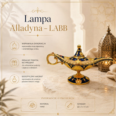 Aladdins lampa LABB med metalldekorationer i guldfärg, mörk marinblå, 22 x 7 x 11 cm
