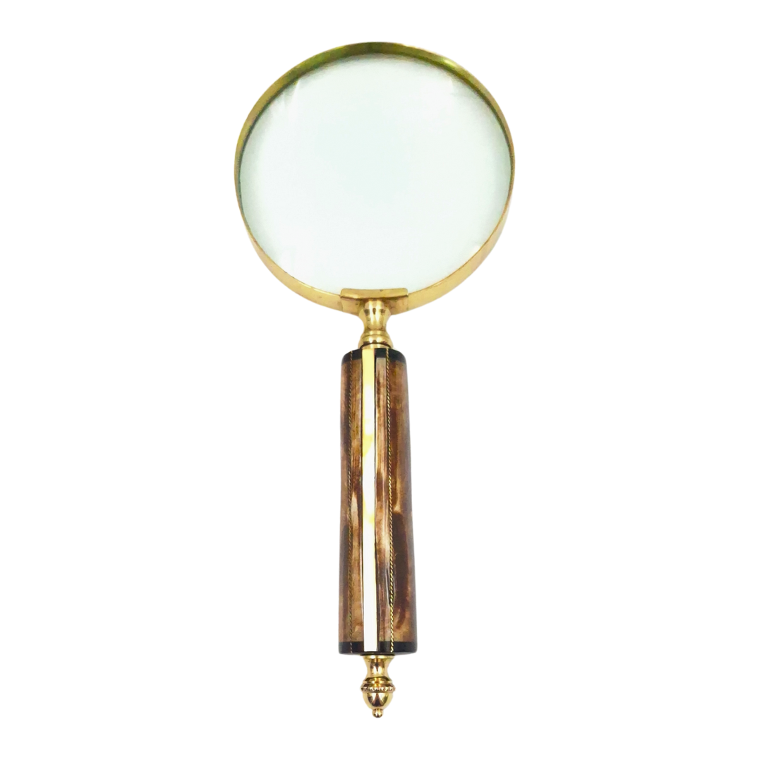 MFM-förstoringsglas med mässingsfattning och handtag i ben, 3.5x förstoring, personlig gravyr, perfekt som present till en samlare, guldfärgad och vit/krämfärgad, mått 10 x 23 x 1.9 cm
