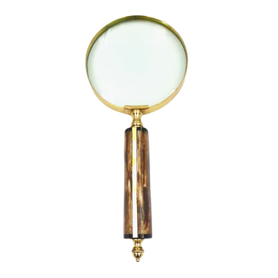 MFM-förstoringsglas med mässingsfattning och handtag i ben, 3.5x förstoring, personlig gravyr, perfekt som present till en samlare, guldfärgad och vit/krämfärgad, mått 10 x 23 x 1.9 cm