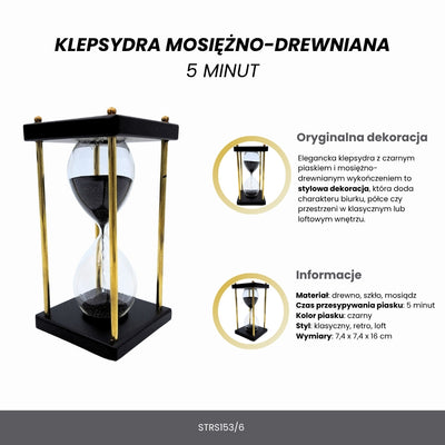 Timglas i mässing och trä 5 minuter – svart sand – elegant retrodekoration - STRS