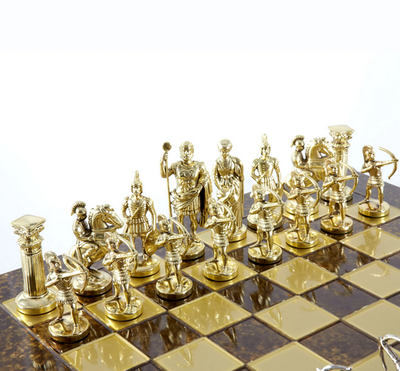 Stora exklusiva mässingsschackpjäser – guld-silverfärgade - bågskyttar 44x44cm – S10BGS