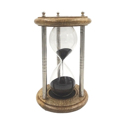 Mässings- och trä-timglas 10 min med gravyr - elegant present i svart färg, höjd 25 cm, tillverkad av metall, glas och mangoträ