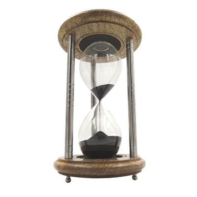 Mässings- och trä-timglas 10 min med gravyr - elegant present i svart färg, höjd 25 cm, tillverkad av metall, glas och mangoträ