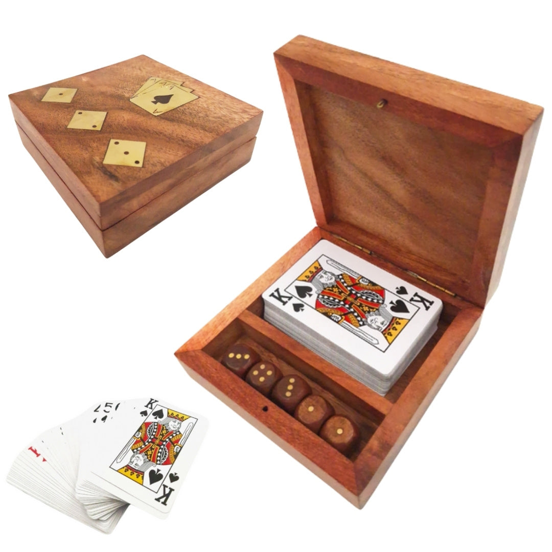 PRODUKTFEL: Elegant spelset - Kortlek och tärningar i trälåda OUTLET- DNU-010AB