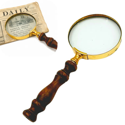 Mässingsförstoringsglas i retrostil med trähandtag - förstoringsglas 18 cm med möjlighet till personlig gravyr
