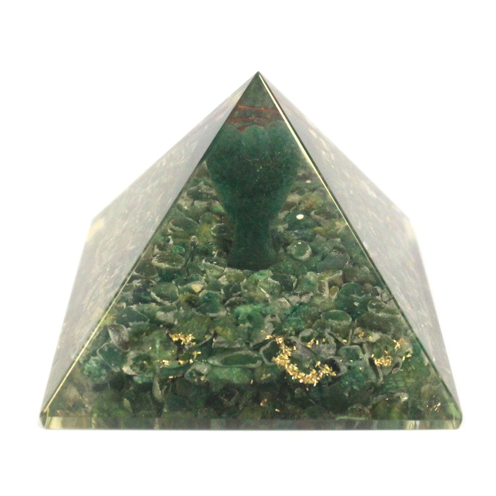 Magisk orgonitpyramid 70 mm - ängel med esoteriska föremål, grönaktigt inre och handgjord finish