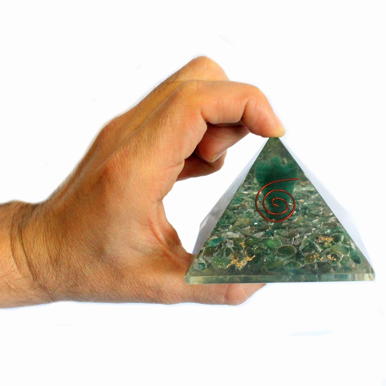 Magisk orgonitpyramid 70 mm - ängel med esoteriska föremål, grönaktigt inre och handgjord finish