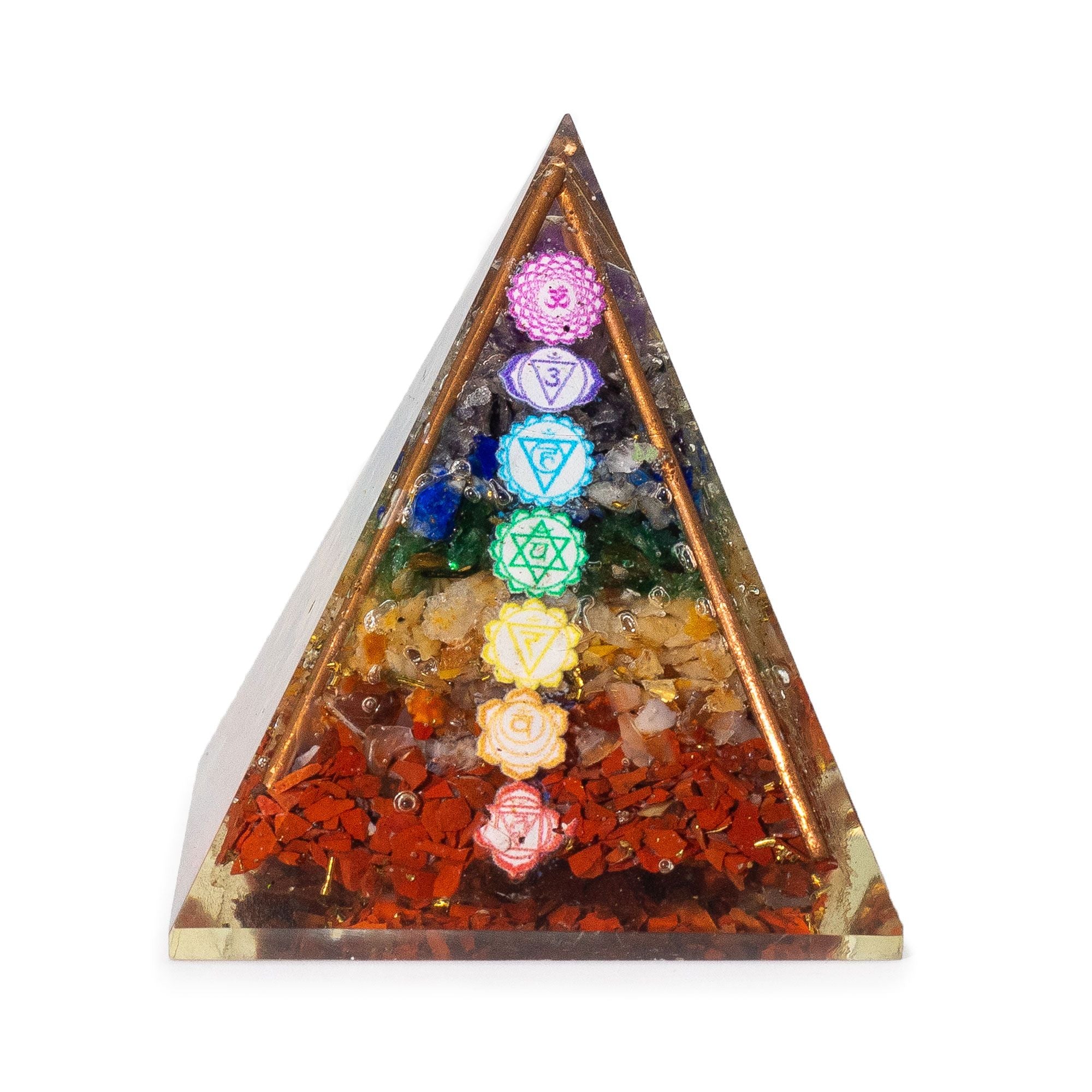 Medelstor orgonitpyramid 7x6 cm med kopparstavar och 7 chakrasstenar - flerfärgad energiharmonielement som present