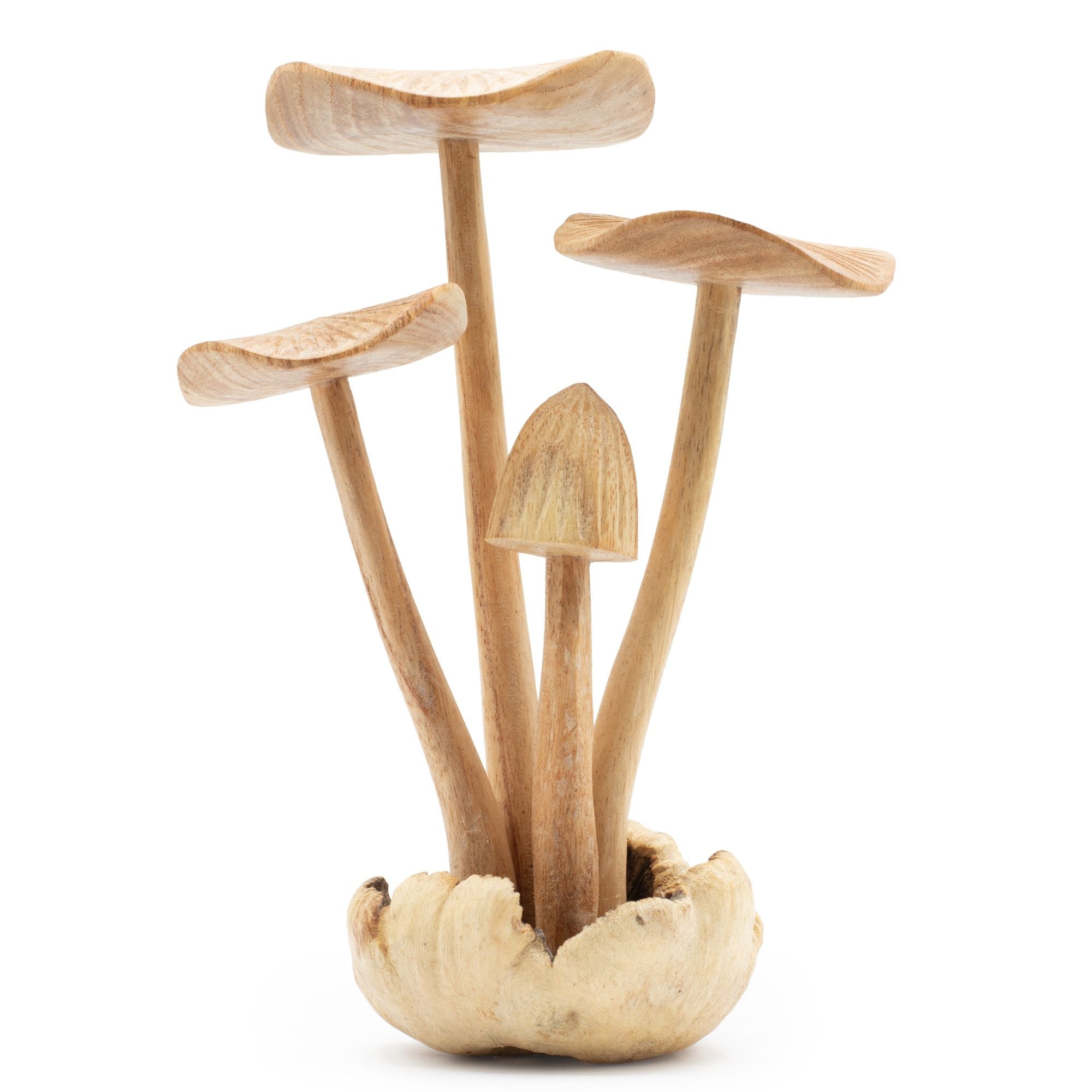 Handsnidade skogssvampar - Set med 4 stora svampar i naturligt trä, perfekt som present - Höjd 14 cm, unik rustik stil, utmärkt för inredningsdekoration
