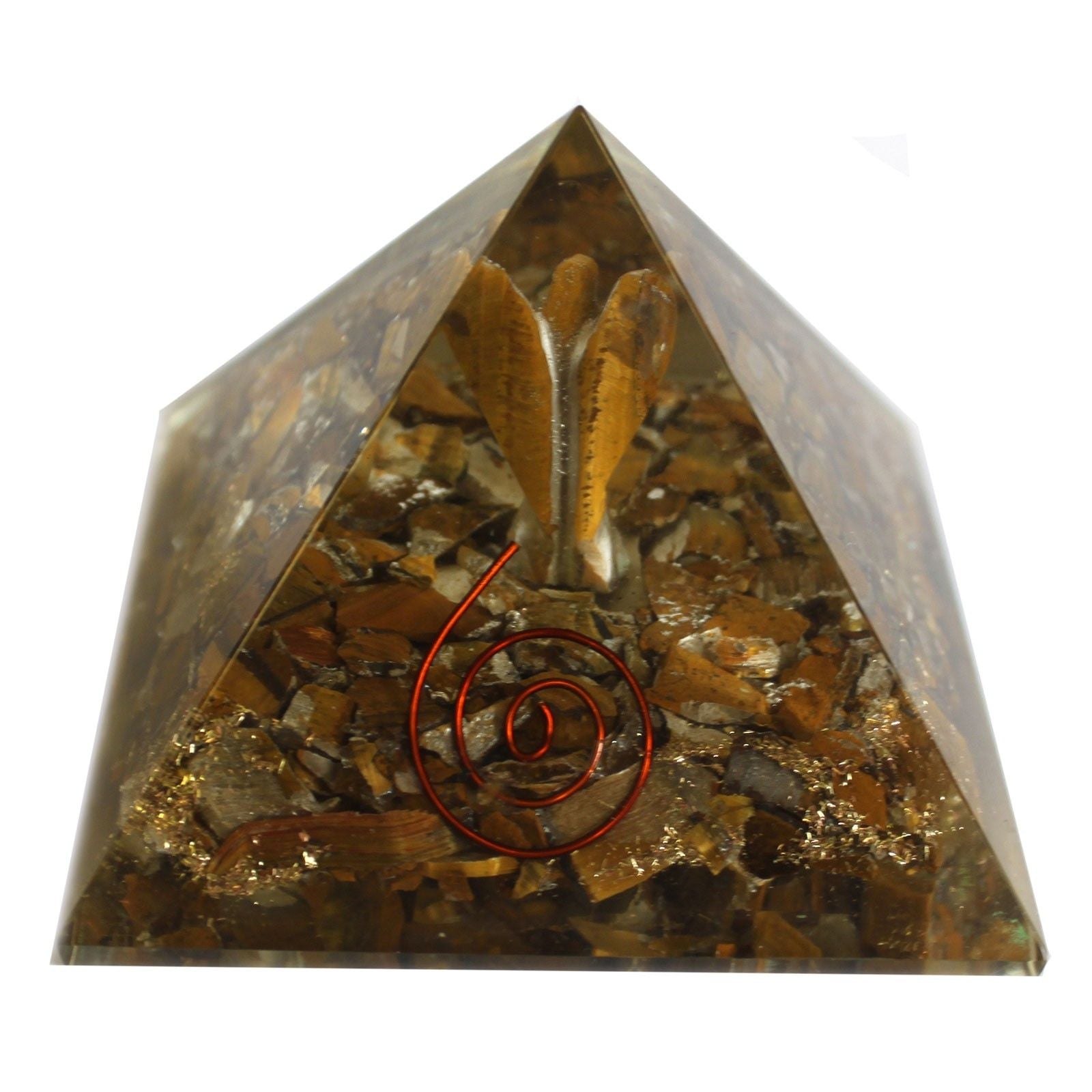 Magisk orgonitpyramid 70 mm - ängel med esoteriska föremål, grönaktigt inre och handgjord finish
