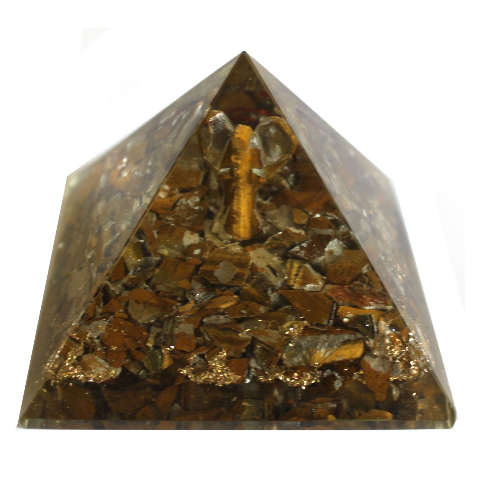Magisk orgonitpyramid 70 mm - ängel med esoteriska föremål, grönaktigt inre och handgjord finish