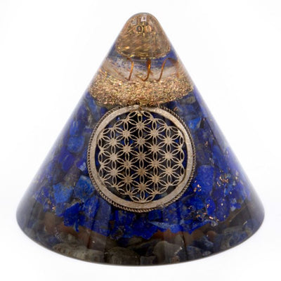Orgonitkon Lapis livets blomma med hängande kvarts - 90 mm, blå-guld, glasresin och metallspån
