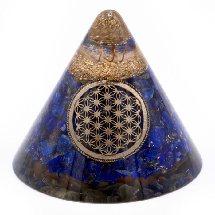Orgonitkon Lapis livets blomma med hängande kvarts - 90 mm, blå-guld, glasresin och metallspån