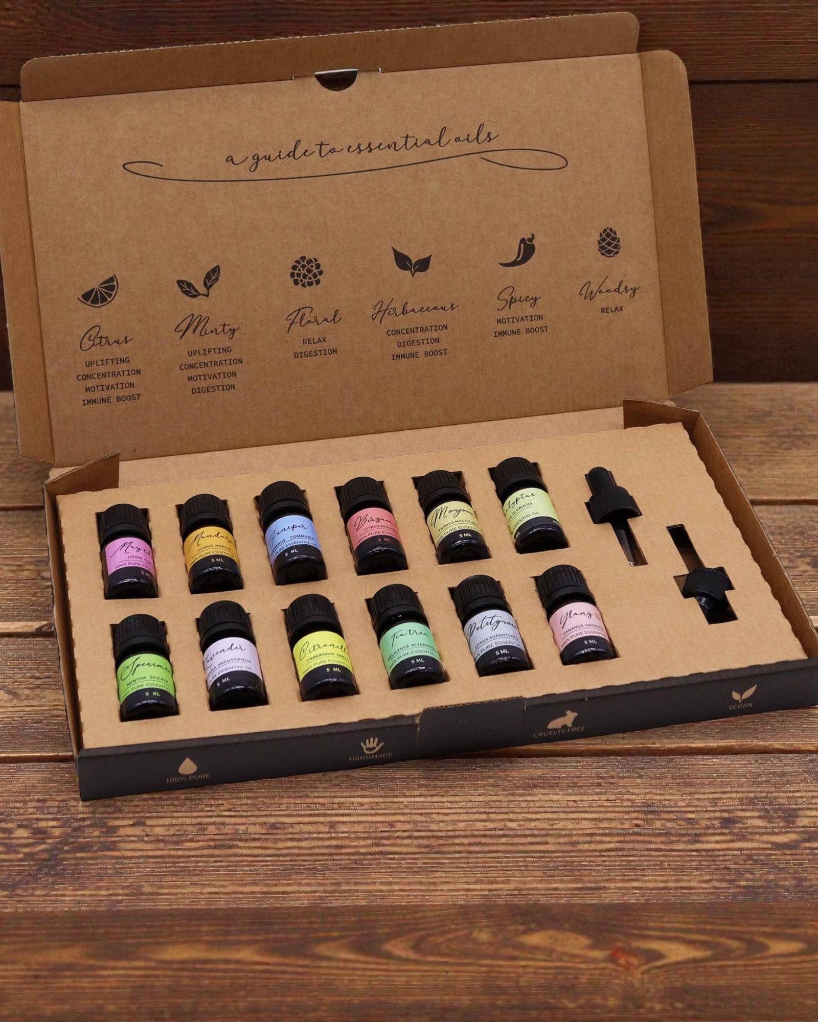Naturens våruppvaknande – lyxig sats med 12 eteriska oljor 5 ml med pipetter