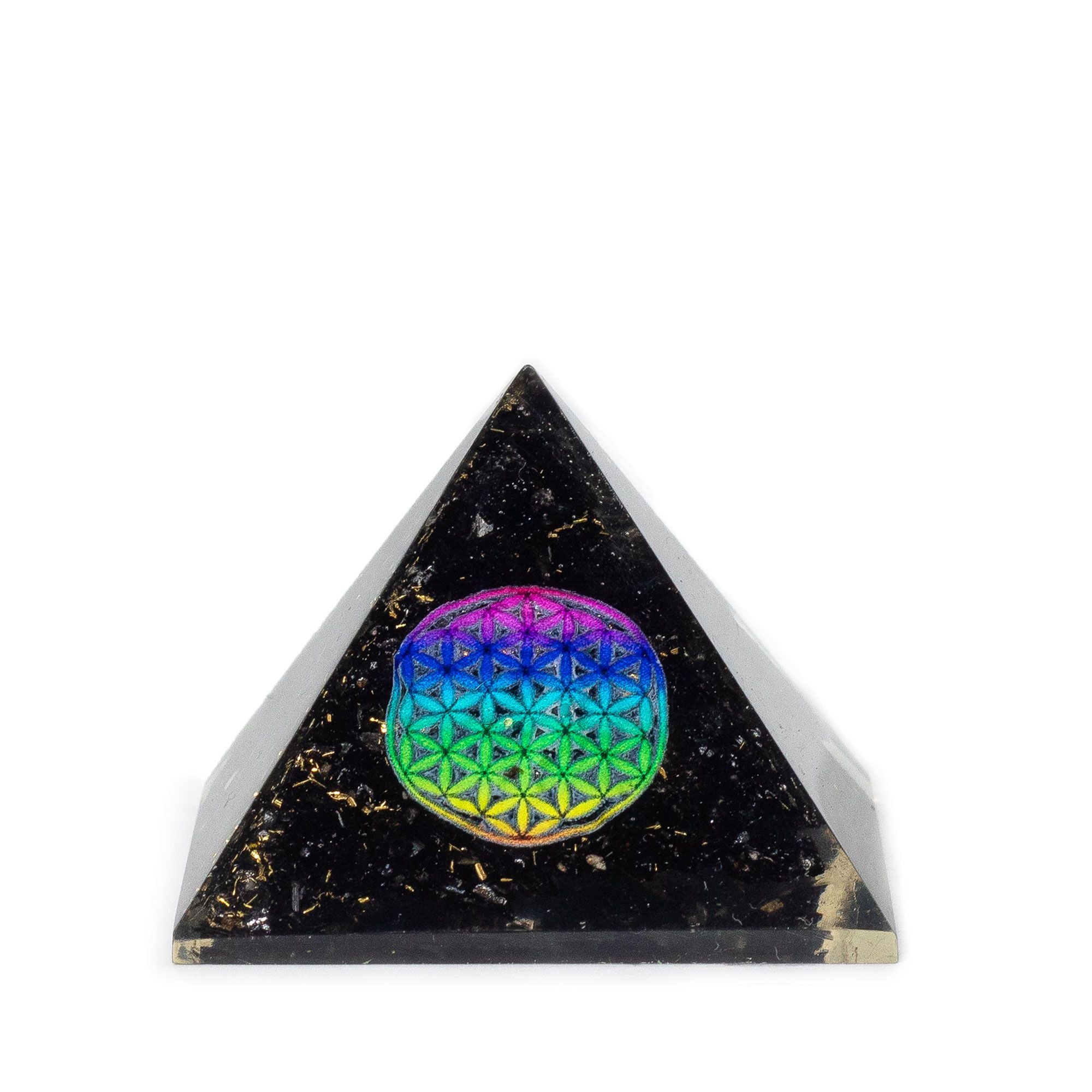 Orgonitpyramid av svart turmalin 5,5x4,5 cm med livets blomma