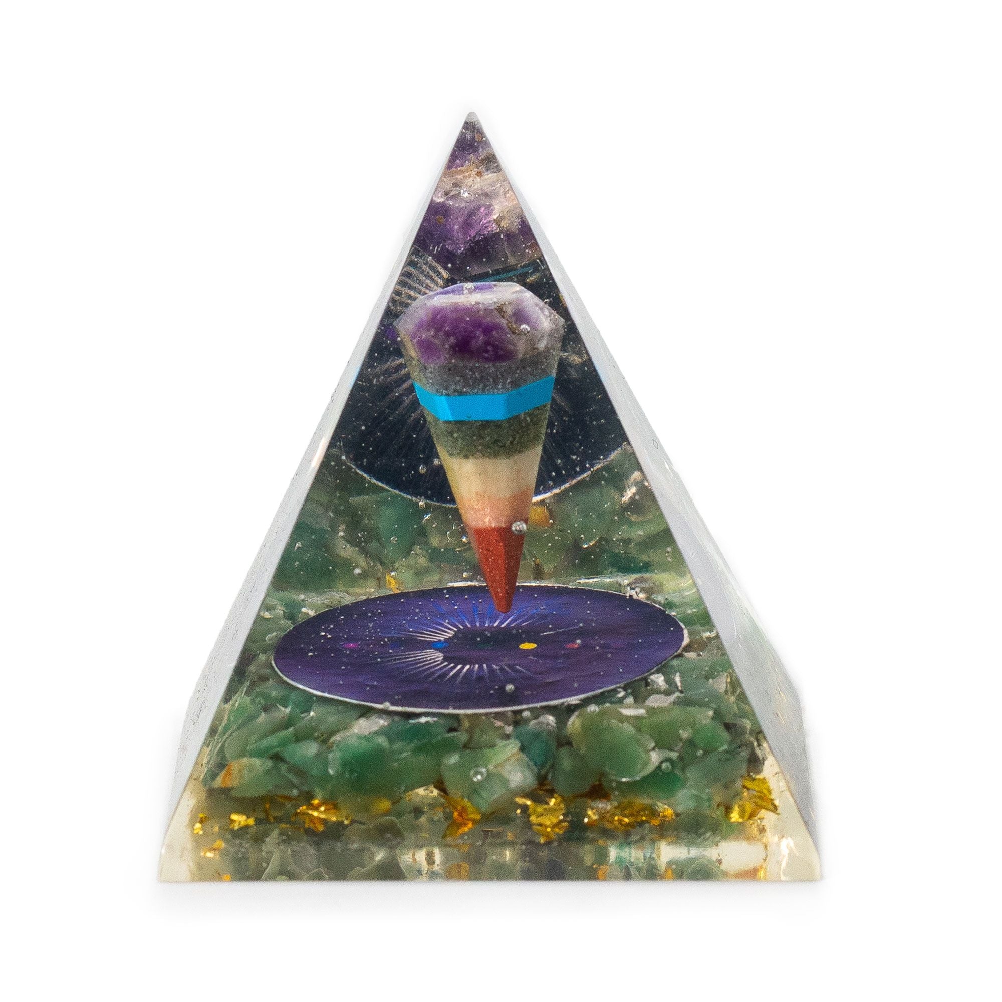 Medelstor orgonitpyramid med pendel och gröna aventurinkrämor 7x6 cm