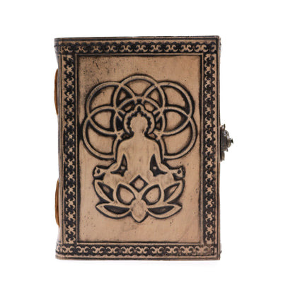 Esoterisk Buddha-anteckningsbok i röd-tan färg - Läderanteckningsbok med 200 sidor, mått 17,5x12,5x3 cm