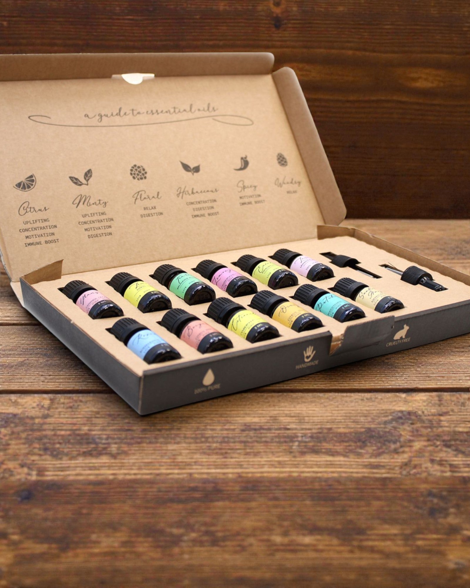 Världens essens – lyxig uppsättning med 12 mest omtyckta eteriska oljor 5 ml med droppipetter