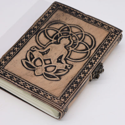 Esoterisk Buddha-anteckningsbok i röd-tan färg - Läderanteckningsbok med 200 sidor, mått 17,5x12,5x3 cm