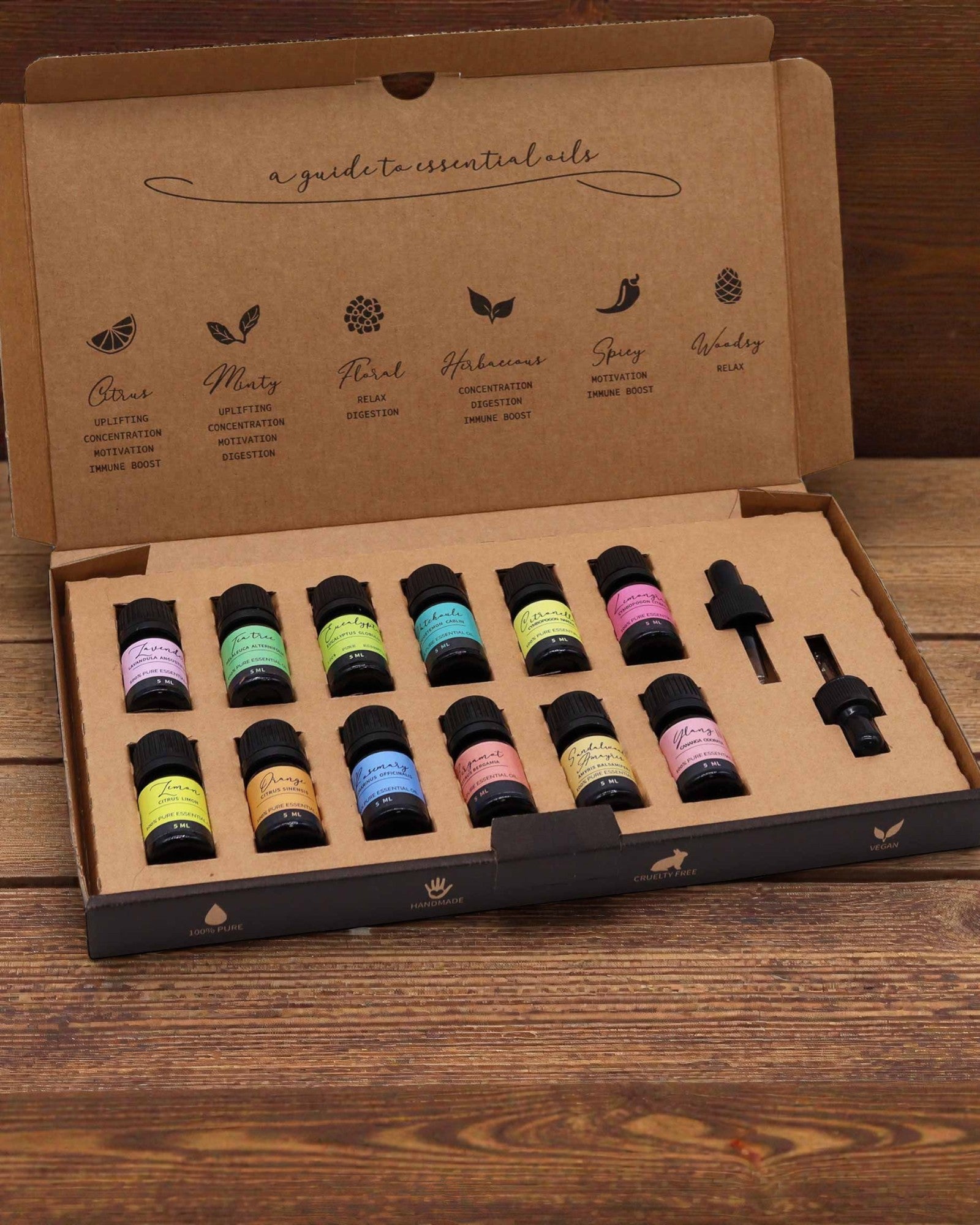 Världens essens – lyxig uppsättning med 12 mest omtyckta eteriska oljor 5 ml med droppipetter