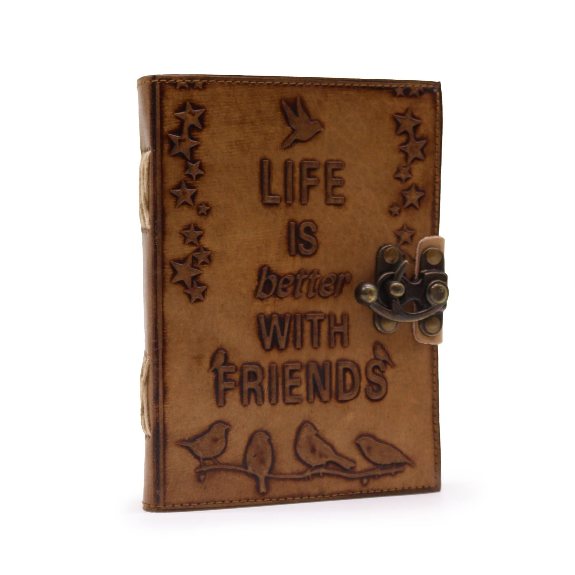 Vänskapsanteckningsbok - Läderjournal med fågelmotiv - Ljus tan - 7x5 tum - Perfekt present till nära och kära med präglat budskap "Life is Better with Friends" - 100 tomma sidor, vintage-lås, kompakt storlek