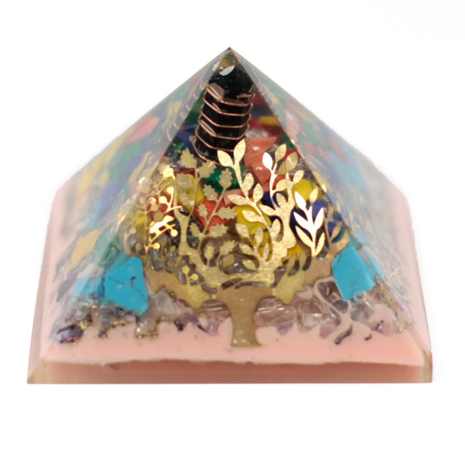 Orgonitpyramid 70 mm - träd av ädelstenar, koppar och metallinsatser