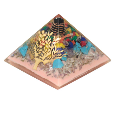 Orgonitpyramid 70 mm - träd av ädelstenar, koppar och metallinsatser