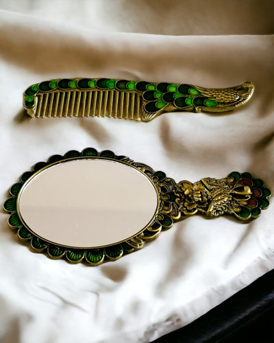 Vintage Set med Spegel och Kam i Påfågelmotiv - Dekorativa Kosmetiska Tillbehör